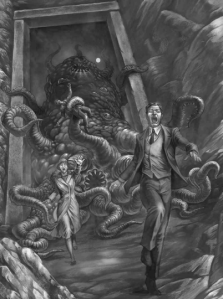 Two investigators running from an eldritch monster in Call of Cthulhu